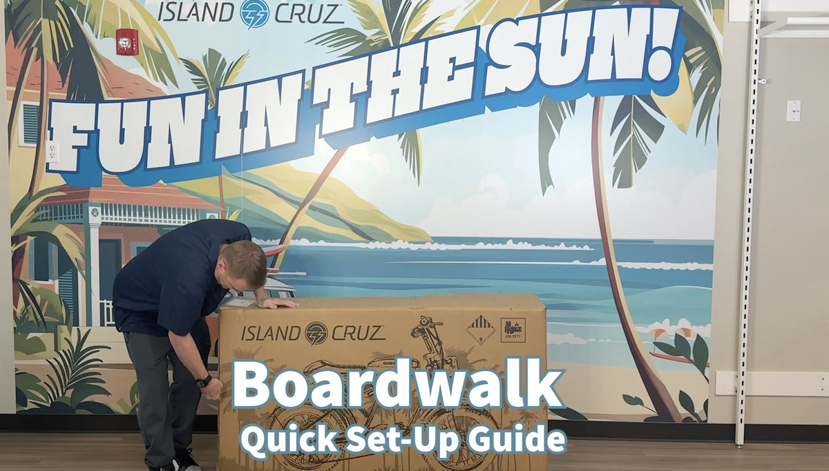 A man opening an Island Cruz Boardwalk bike box with text overlay Boardwalk Quick set-up guide