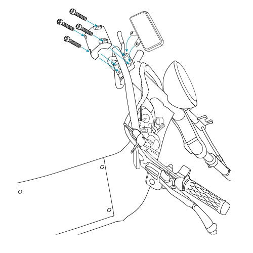 handle bars being placed on the mounting point and four screws going into the mounting plate.