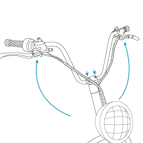 arrows pointing at the top and bottom of the handlebars showing that the handlebars can be adjusted prior to tightening the screws all the way.