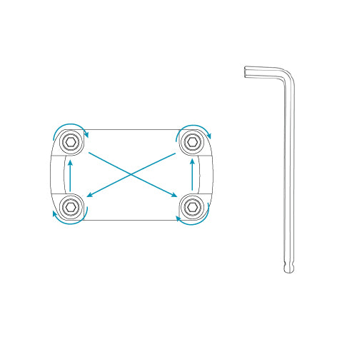 a top view of the handlebar mounting plate with a hex wrench to show where to tighten each bolt.