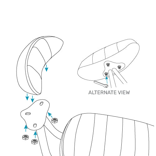 technical illustration of mounting the back seat rest to the mounting plate with 3 nuts attaching to the bottom of the seat rest bolts.