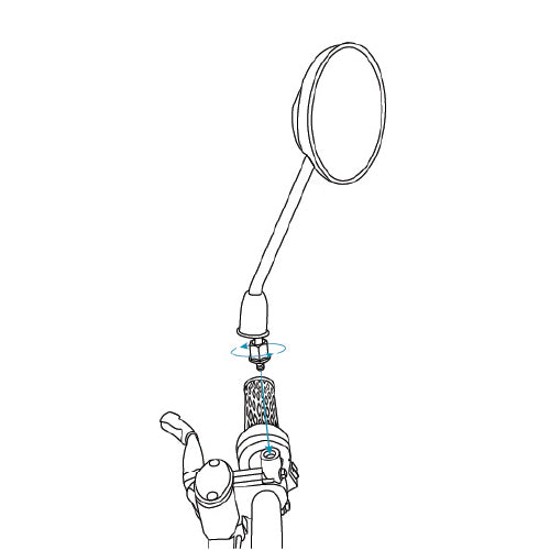 illustration of the rear view mirror being screwed into place on the handlebars