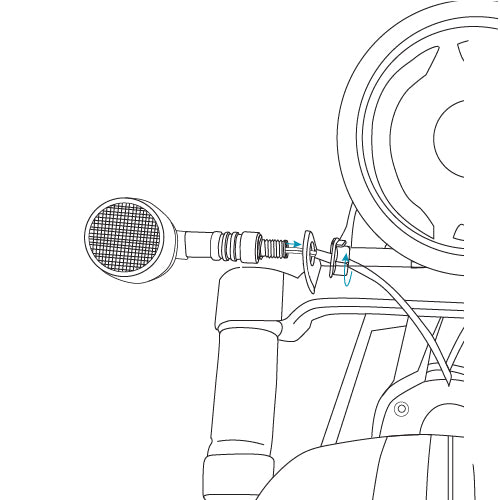 technical drawing of the blinker part being thread through the metal frame into the mounting point and twisting to fasten.