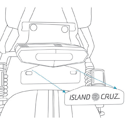 illustration of the back of the cruzer arrows showing to remove the branded Island cruz plate when a license plate is needed to be mounted.