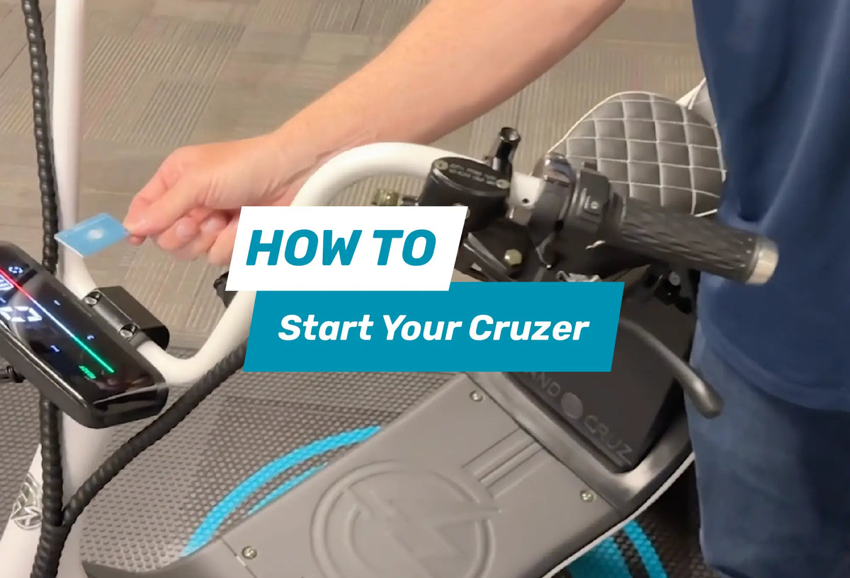 Person starting a Cruzer scooter with text overlay on how to start it